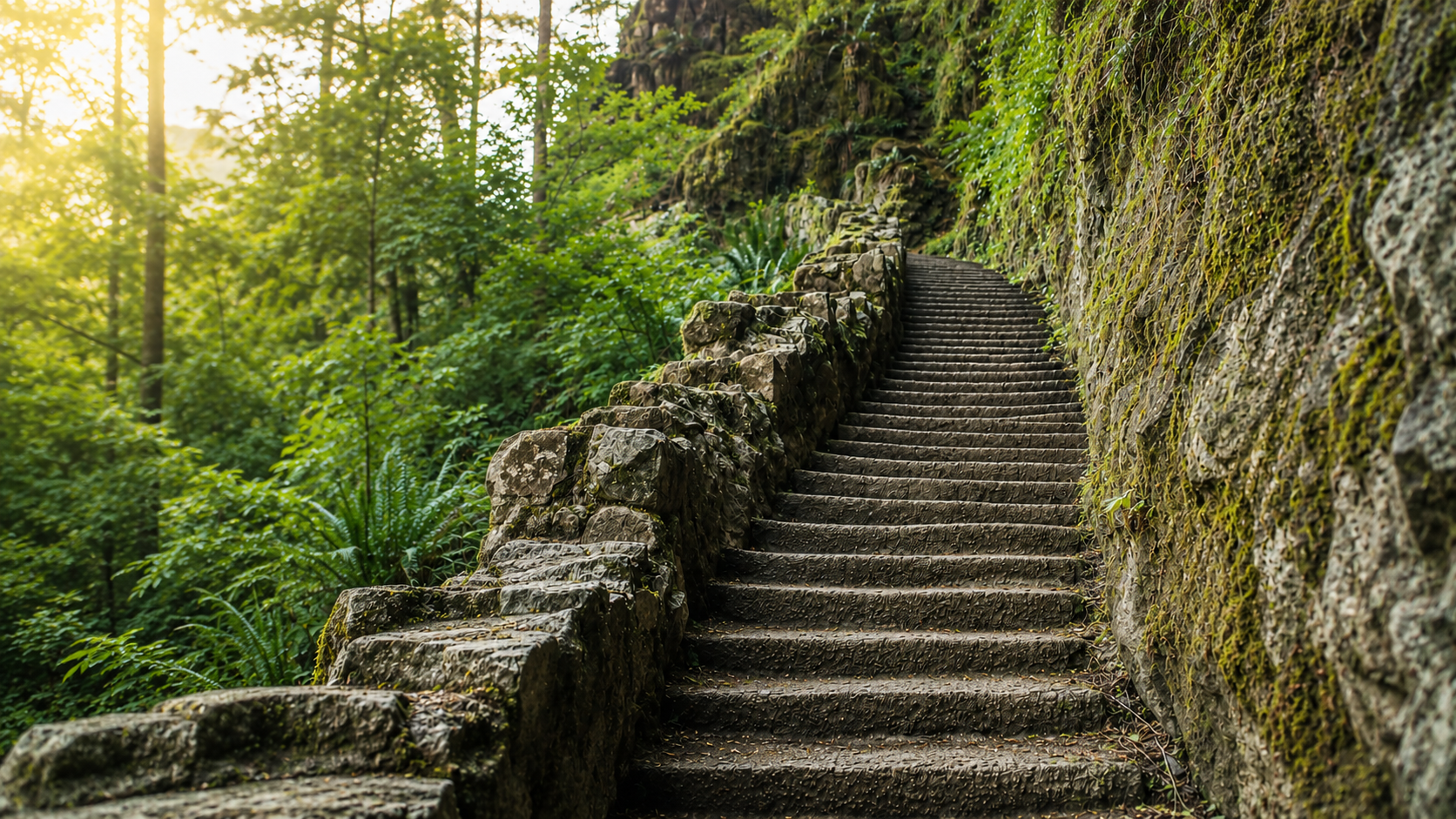 A stone stairway climbing through a sunlit Oregon forest