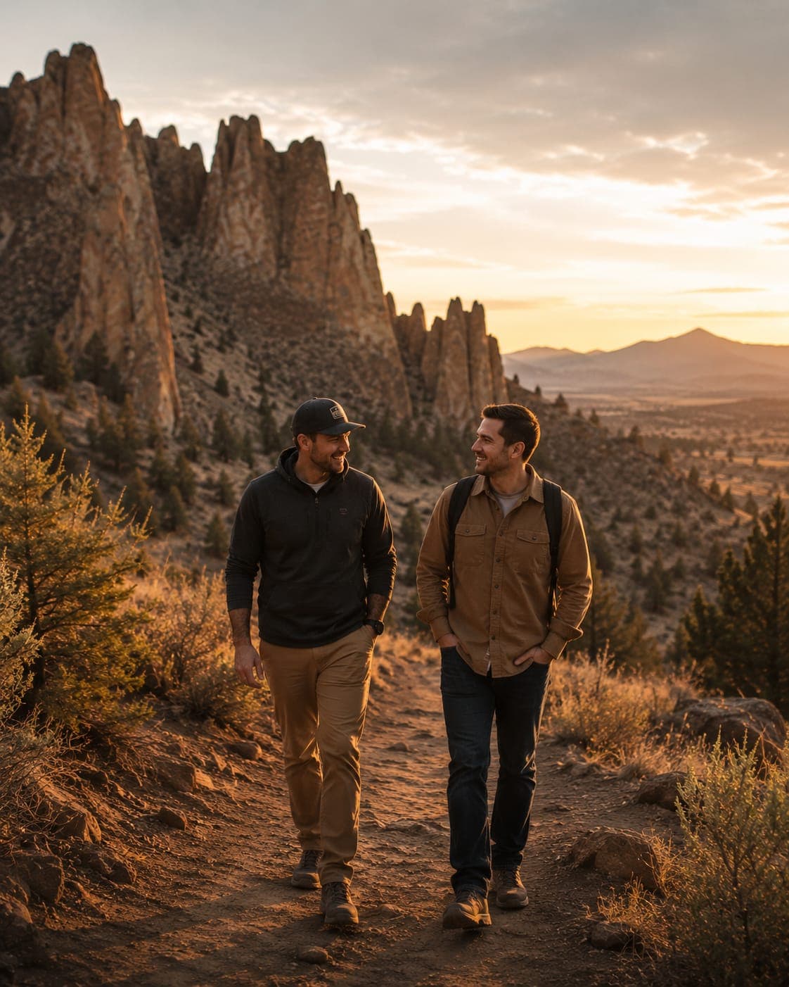 Two people talking on a trail near Smith Rock in Central Oregon