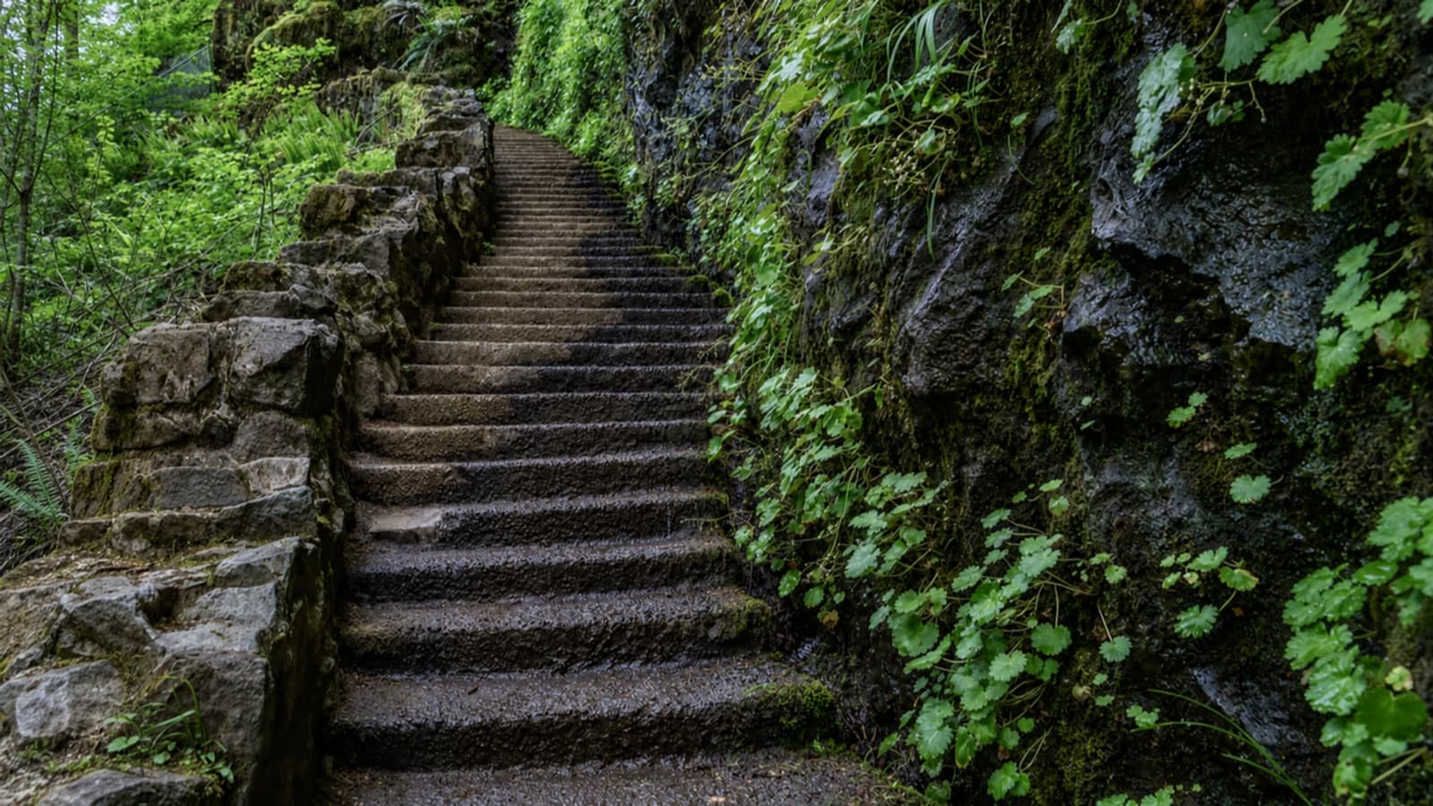 Stone steps climbing a forested trail in Oregon, one step at a time