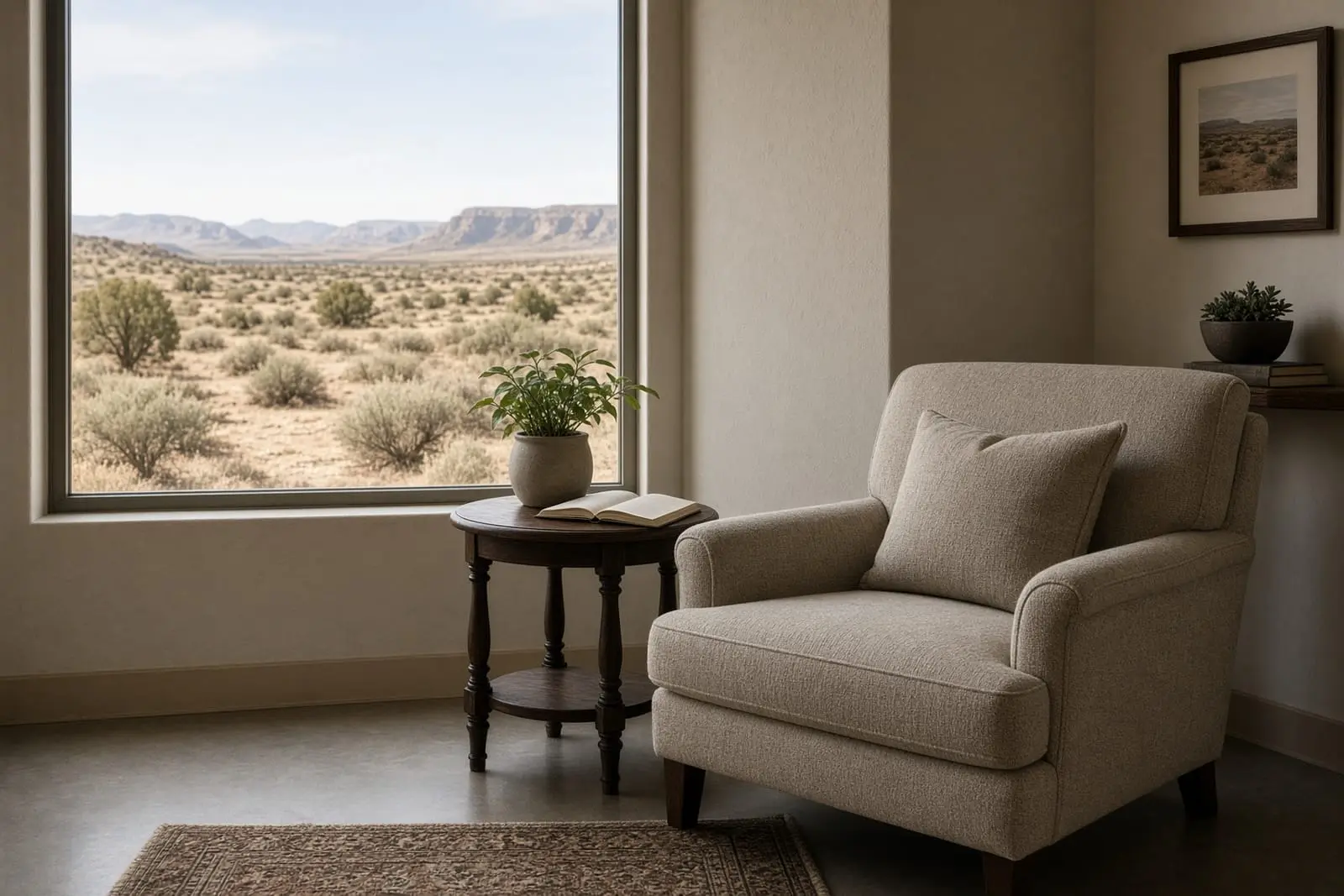 An armchair beside a window looking out on the high desert