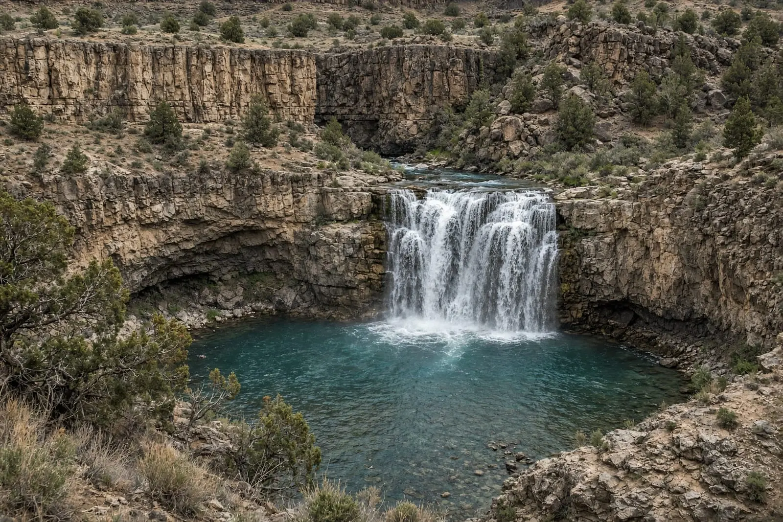 A waterfall pouring into a pool in a rimrock canyon