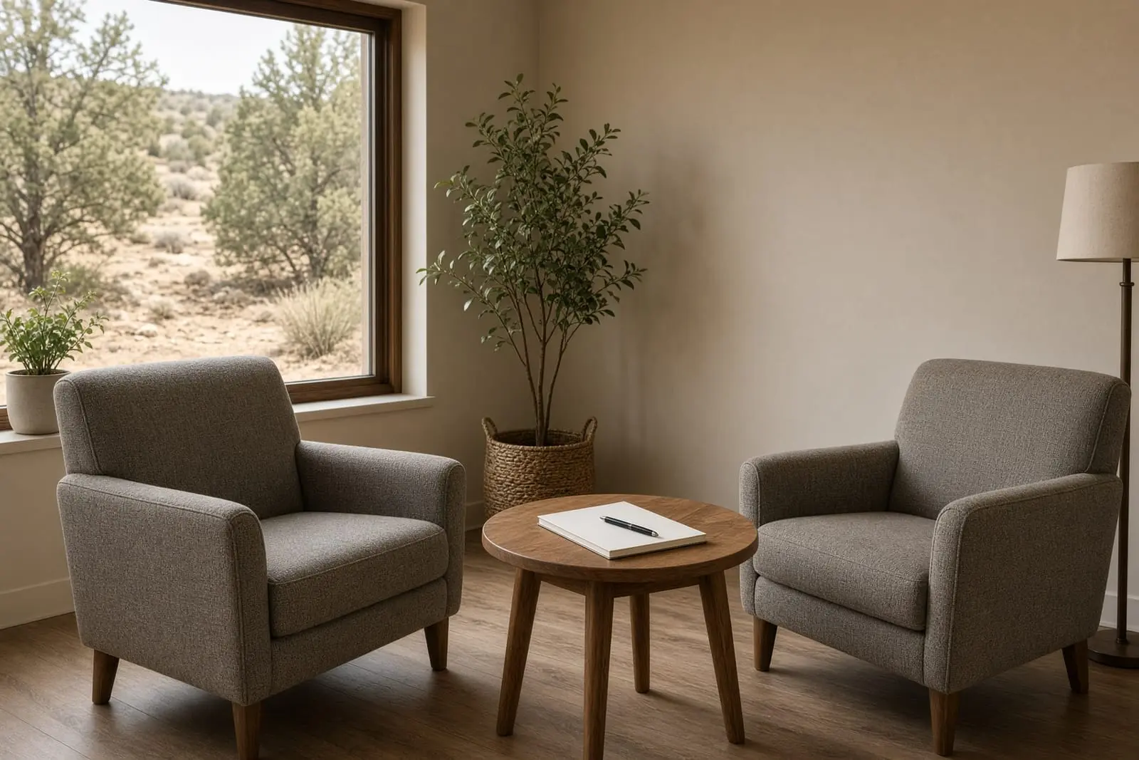 Two armchairs facing each other beside a high desert window