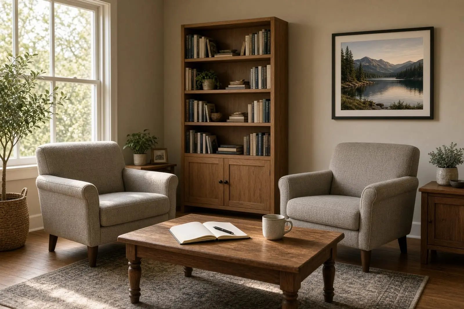 A quiet counseling room with two armchairs, a bookshelf and a coffee table