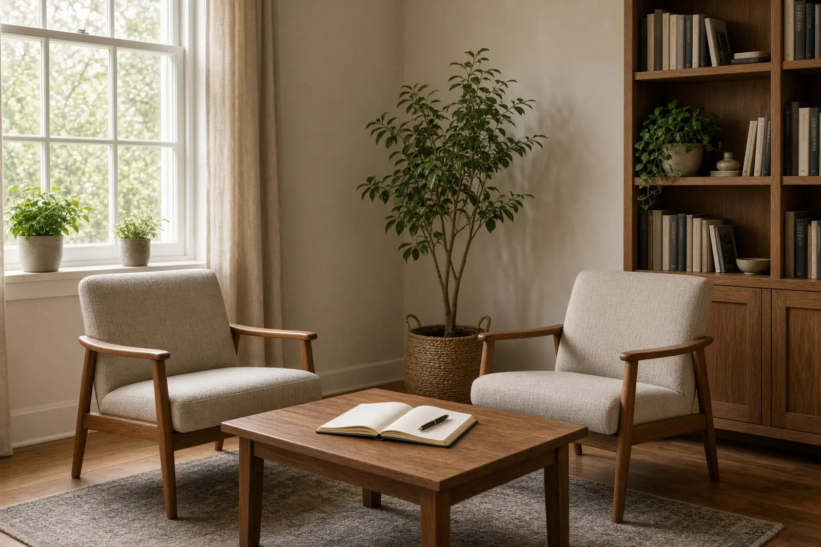 A sunlit counseling room with armchairs, plants and books