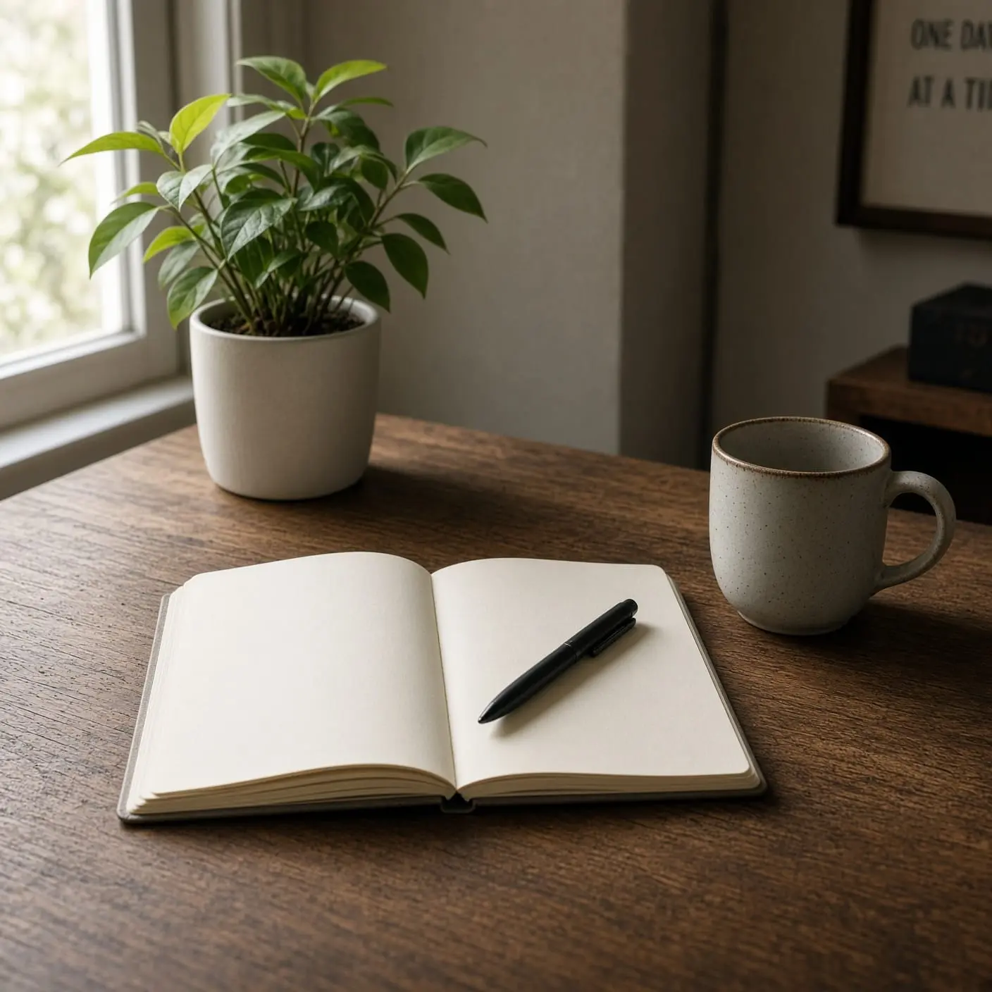An open blank journal and pen beside a mug and a potted plant on a wooden desk by a window