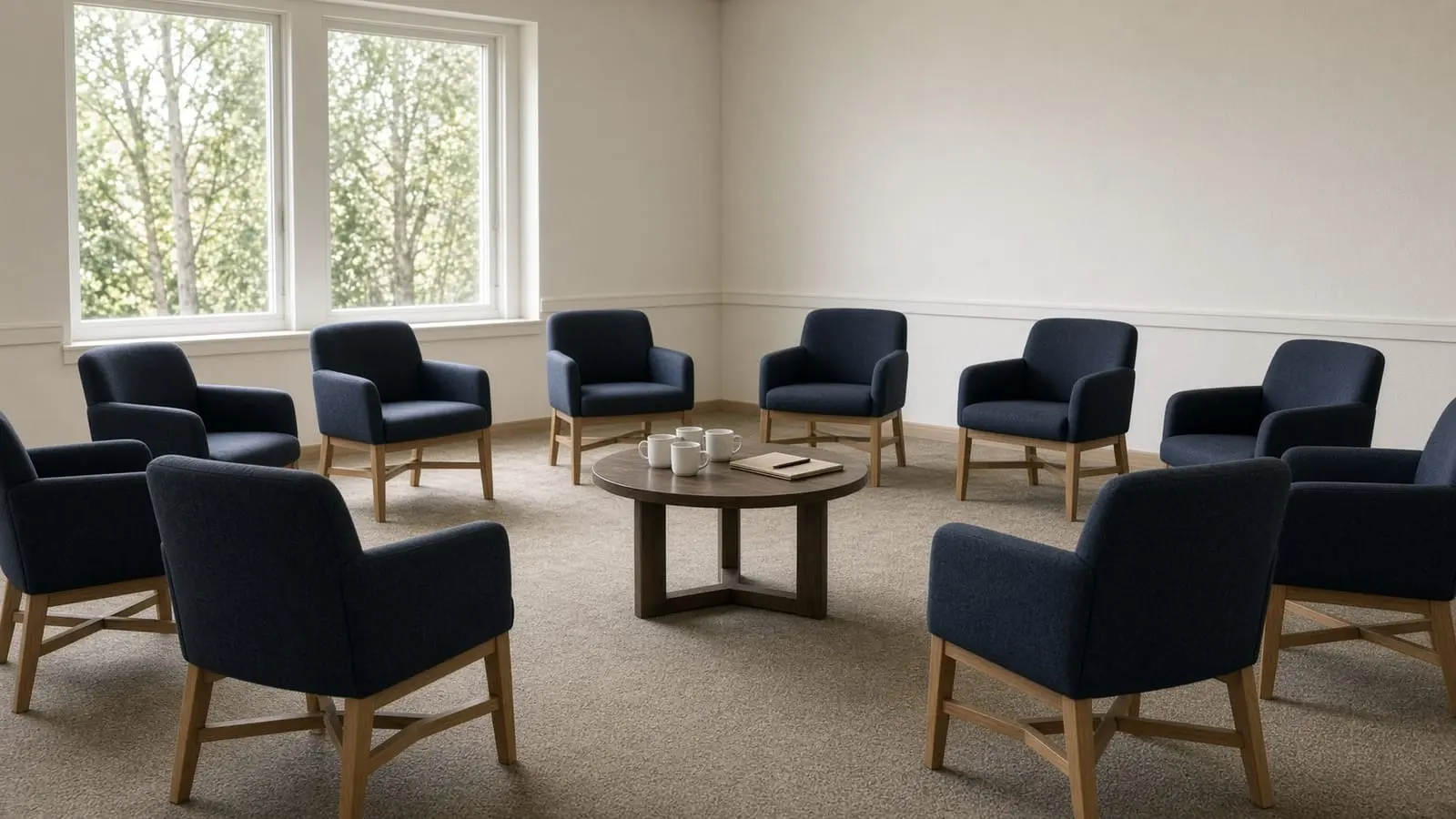 A bright group room with chairs arranged in a circle
