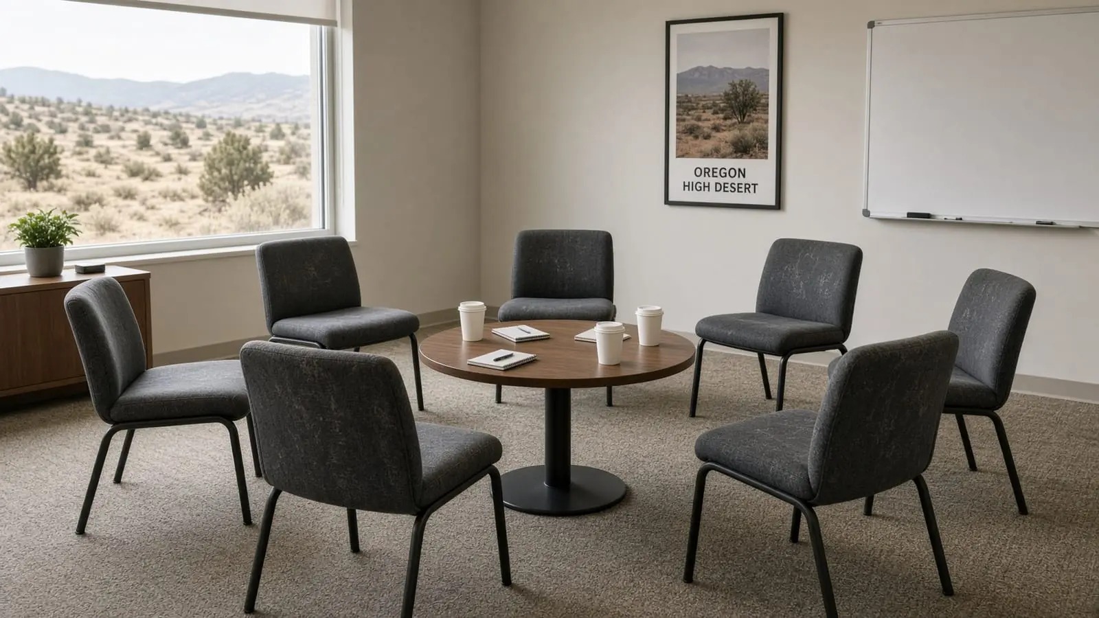 A group room with chairs arranged in a circle around a small table, beside a window looking out on the high desert