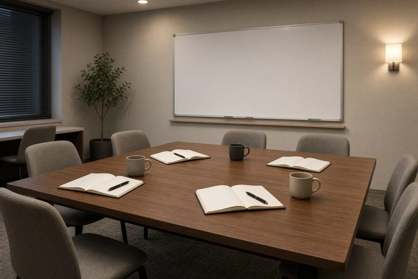 A table set with open notebooks and coffee mugs for a group session