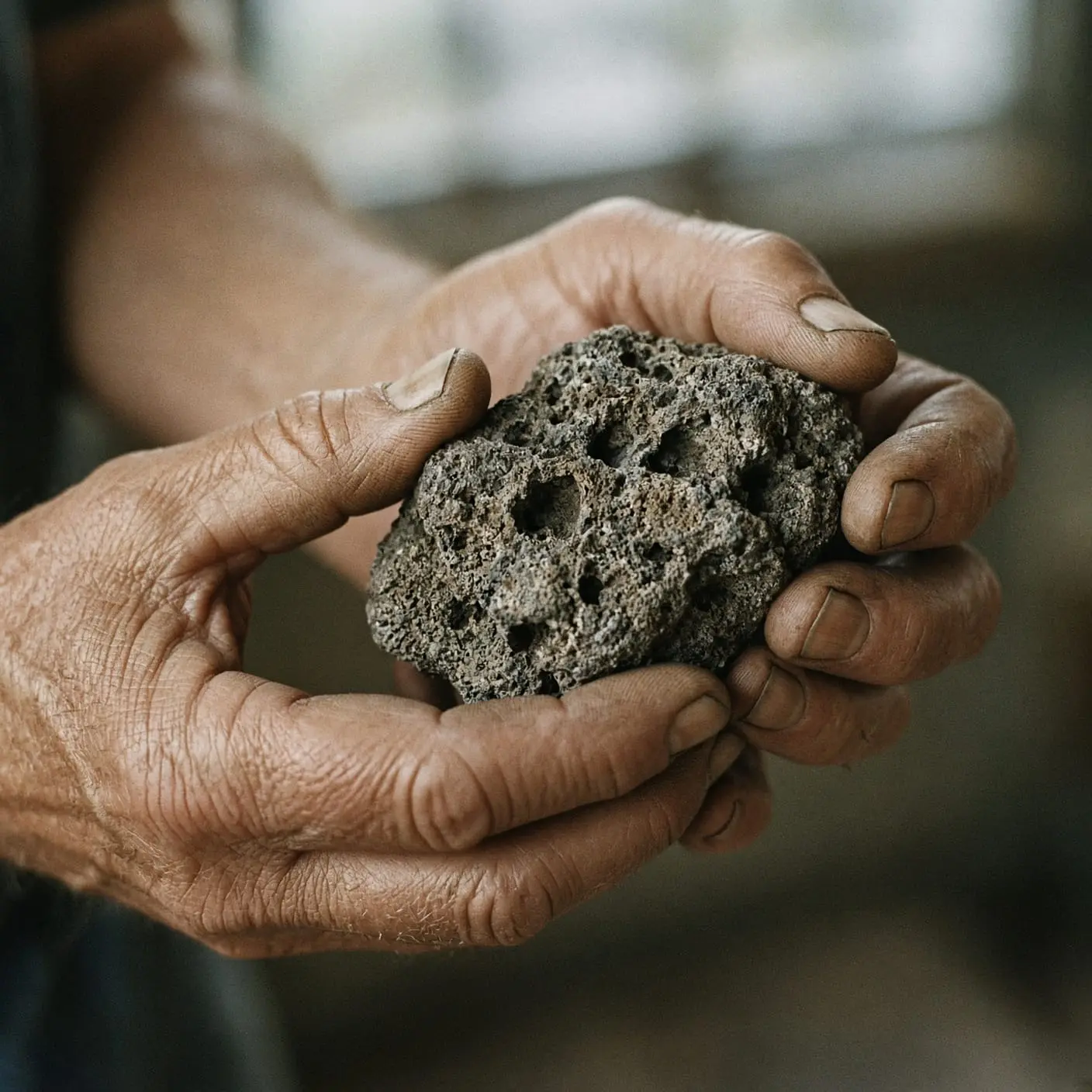 Two hands holding a piece of lava rock