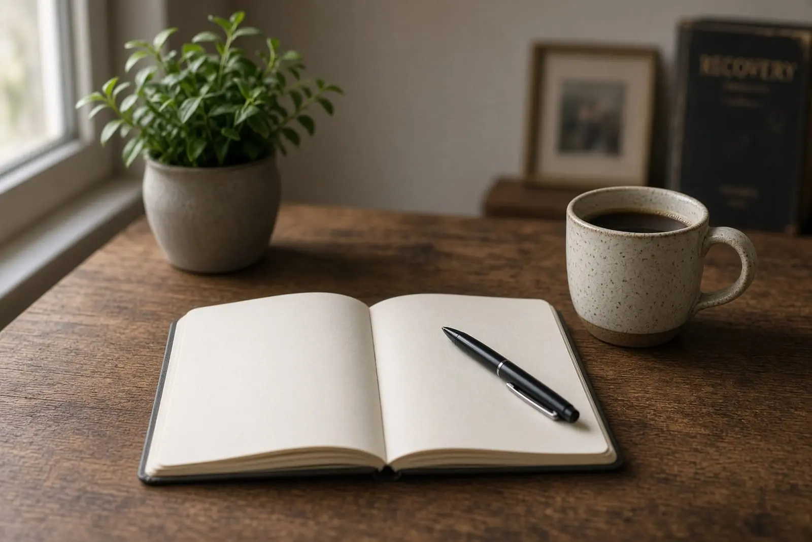 An open journal, pen and coffee on a wooden desk