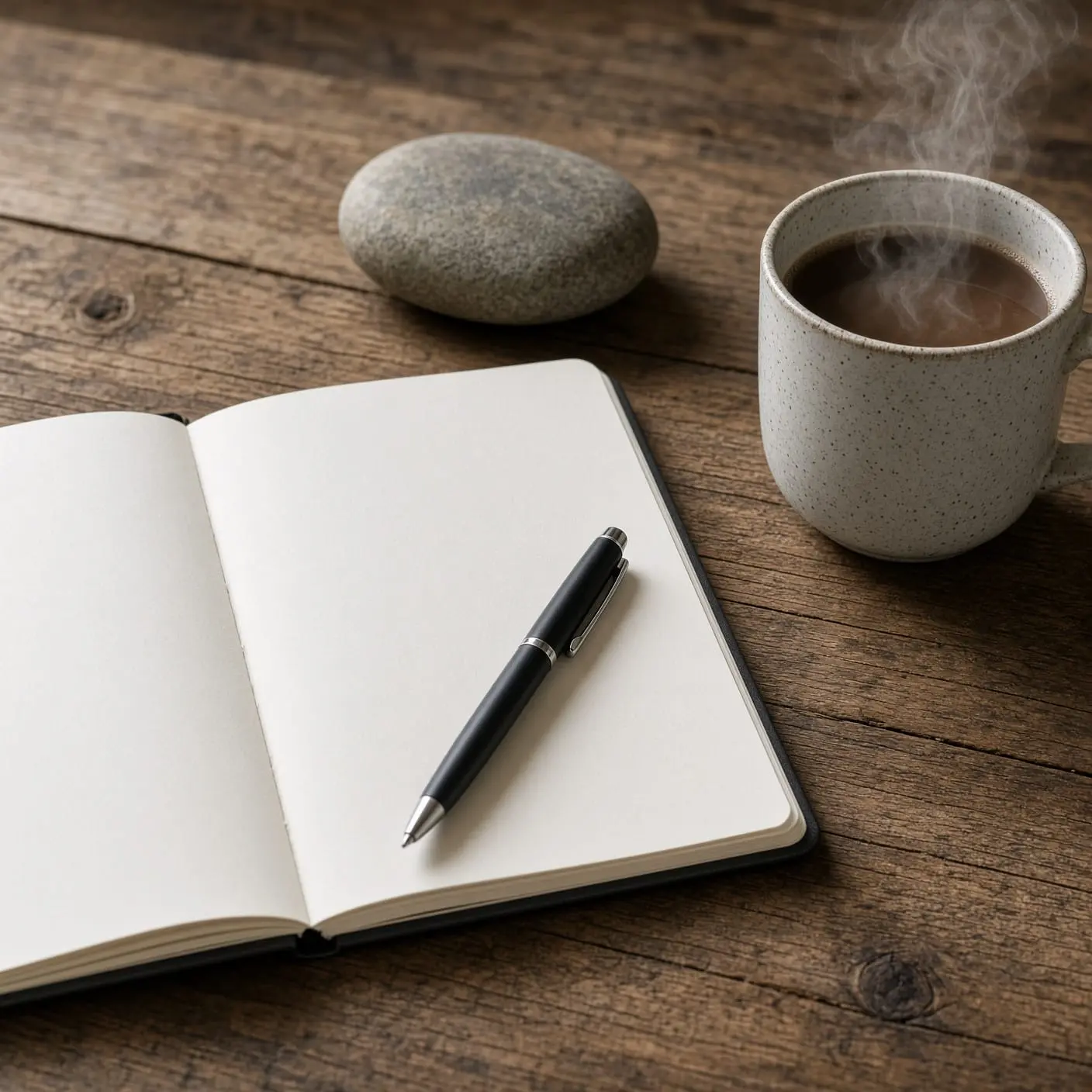 An open journal, pen, coffee and a smooth stone on a wooden table