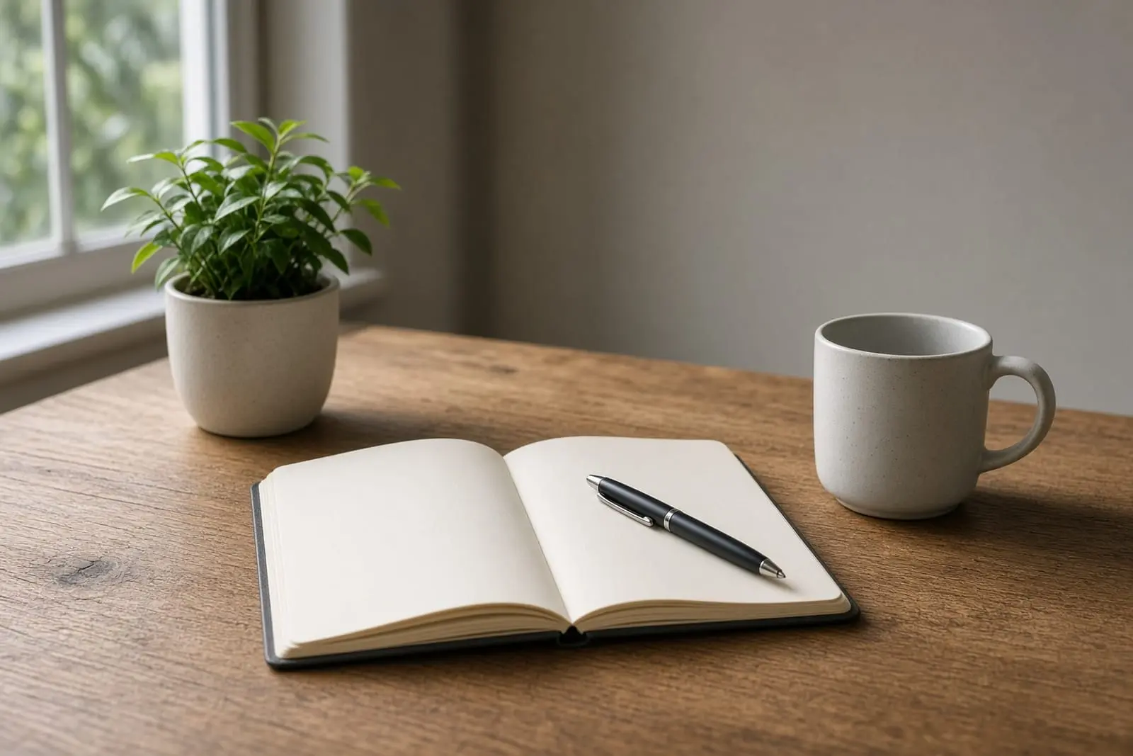 A notebook and mug on a table by a sunny window