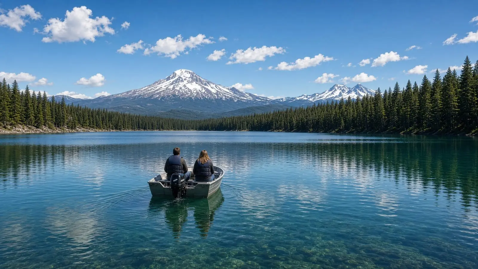 Two people in a small boat on a clear lake below a snowy Cascade peak
