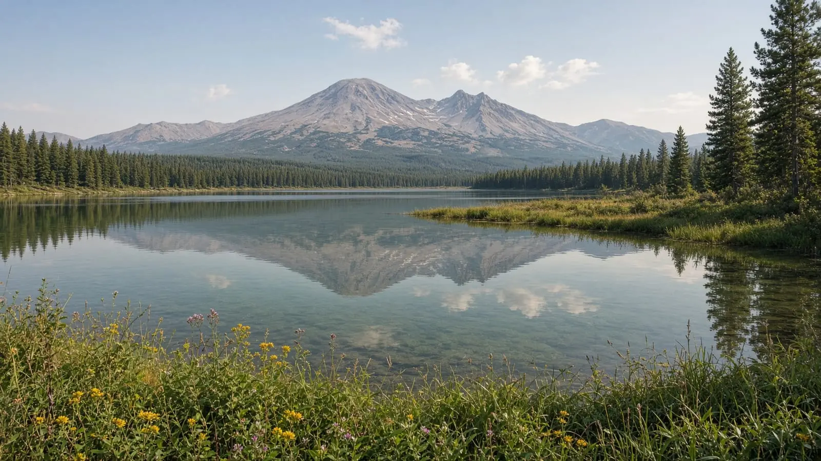 A Cascade peak reflected in a still lake