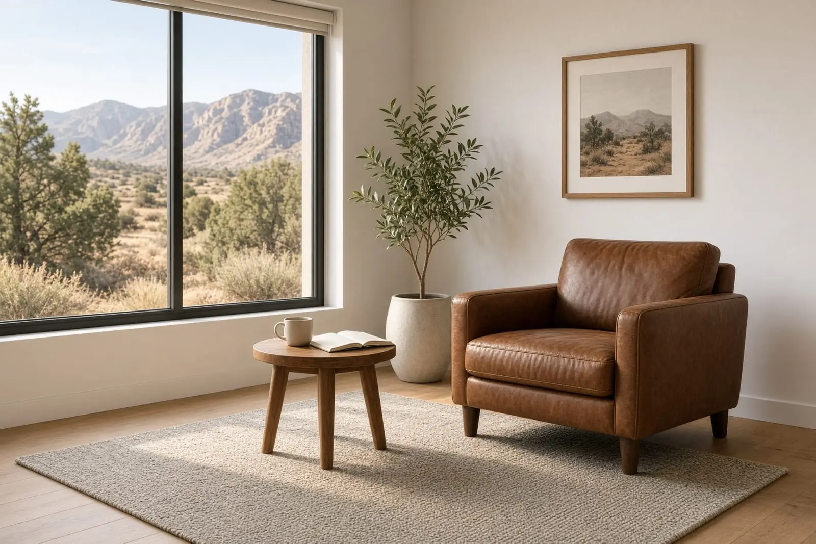 A leather armchair and small side table with a mug and open book beside a window overlooking the high desert