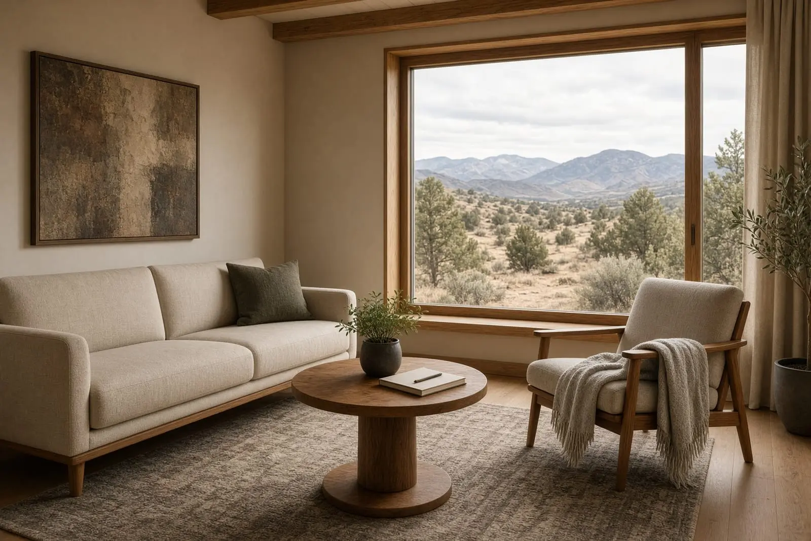 A calm sitting room with a large window onto the high desert