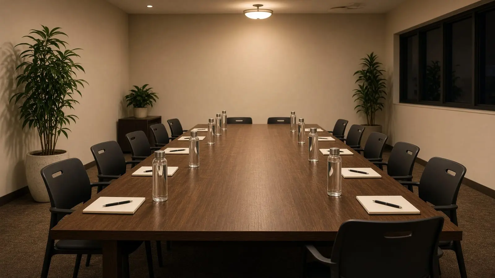 A meeting room with a long table, notepads and water glasses