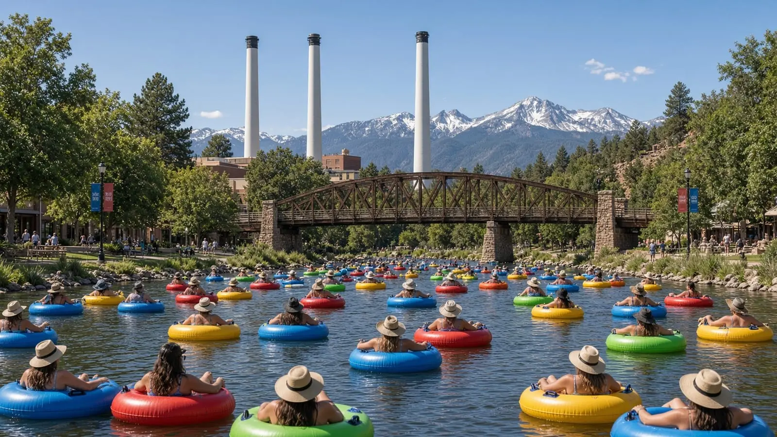Crowds floating the Deschutes River in Bend on a summer day