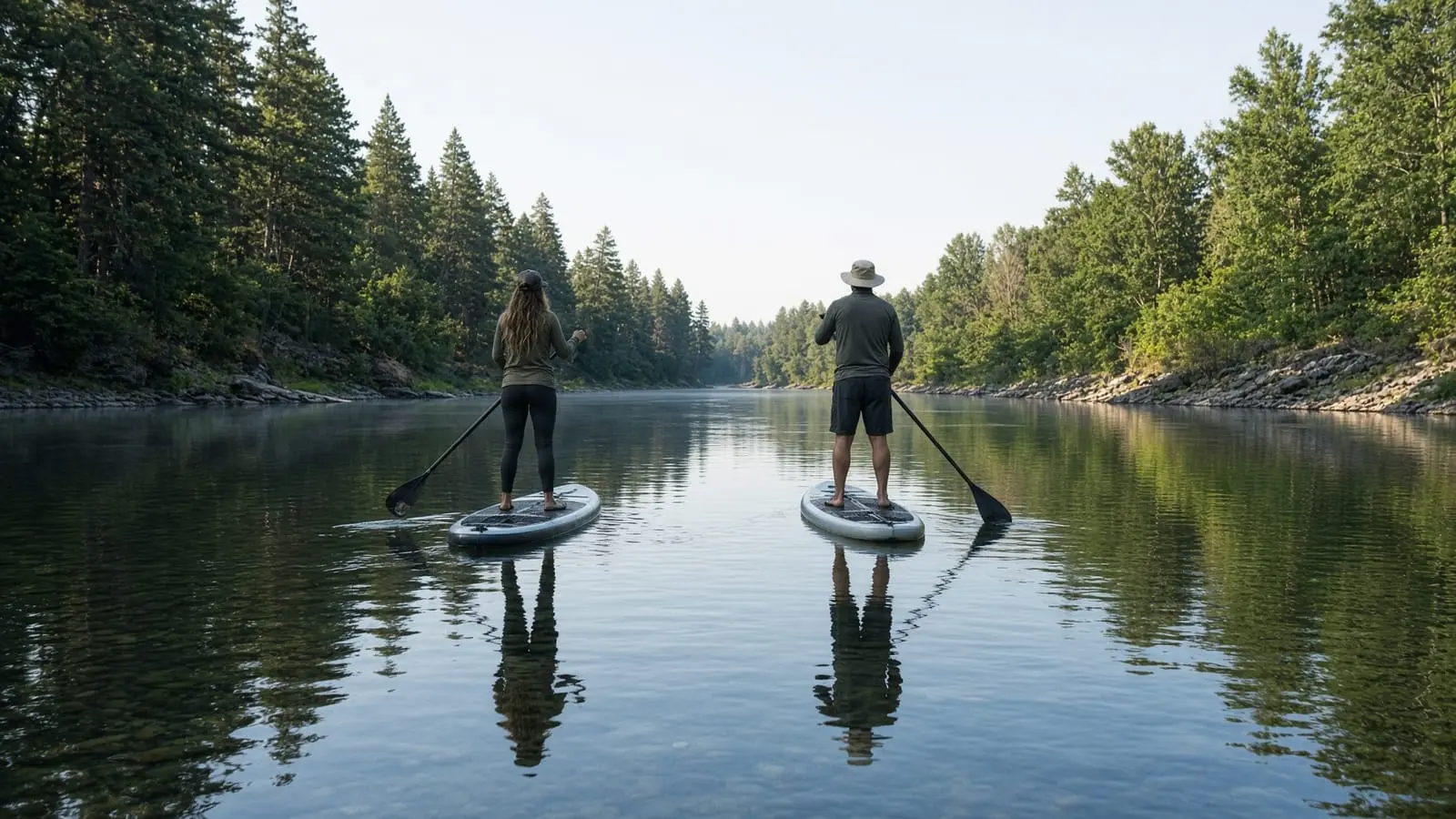 Two paddleboarders on a calm forested river