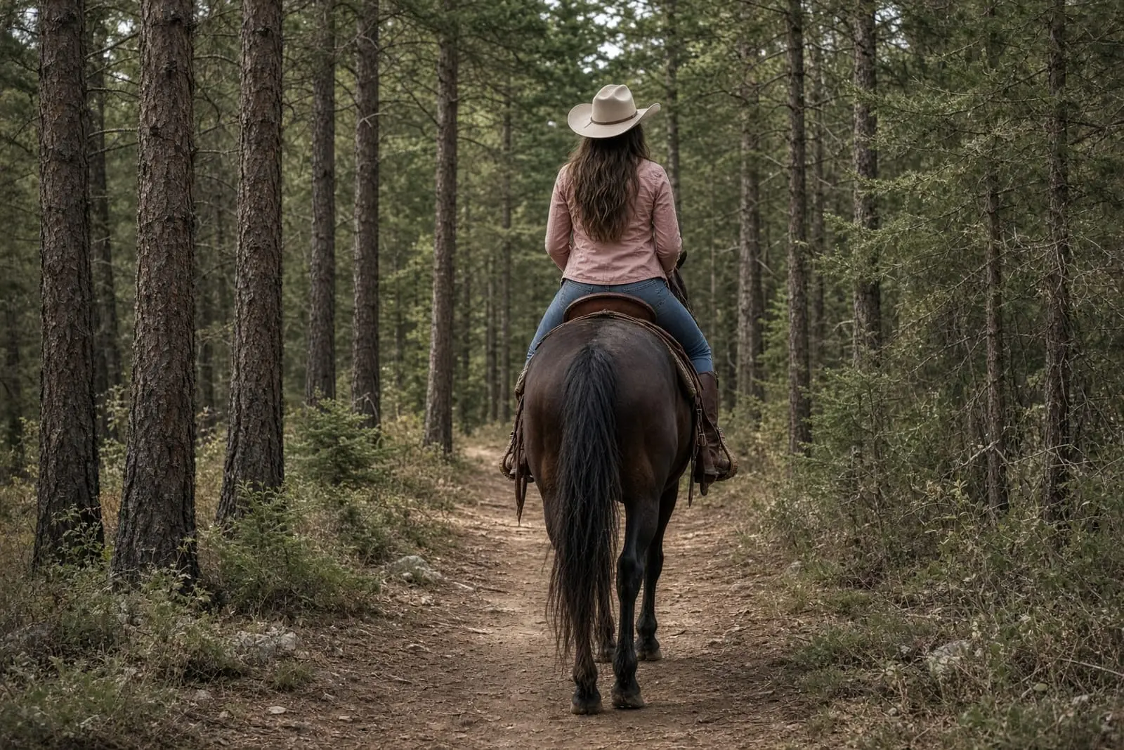 A rider on horseback on a trail through ponderosa pines