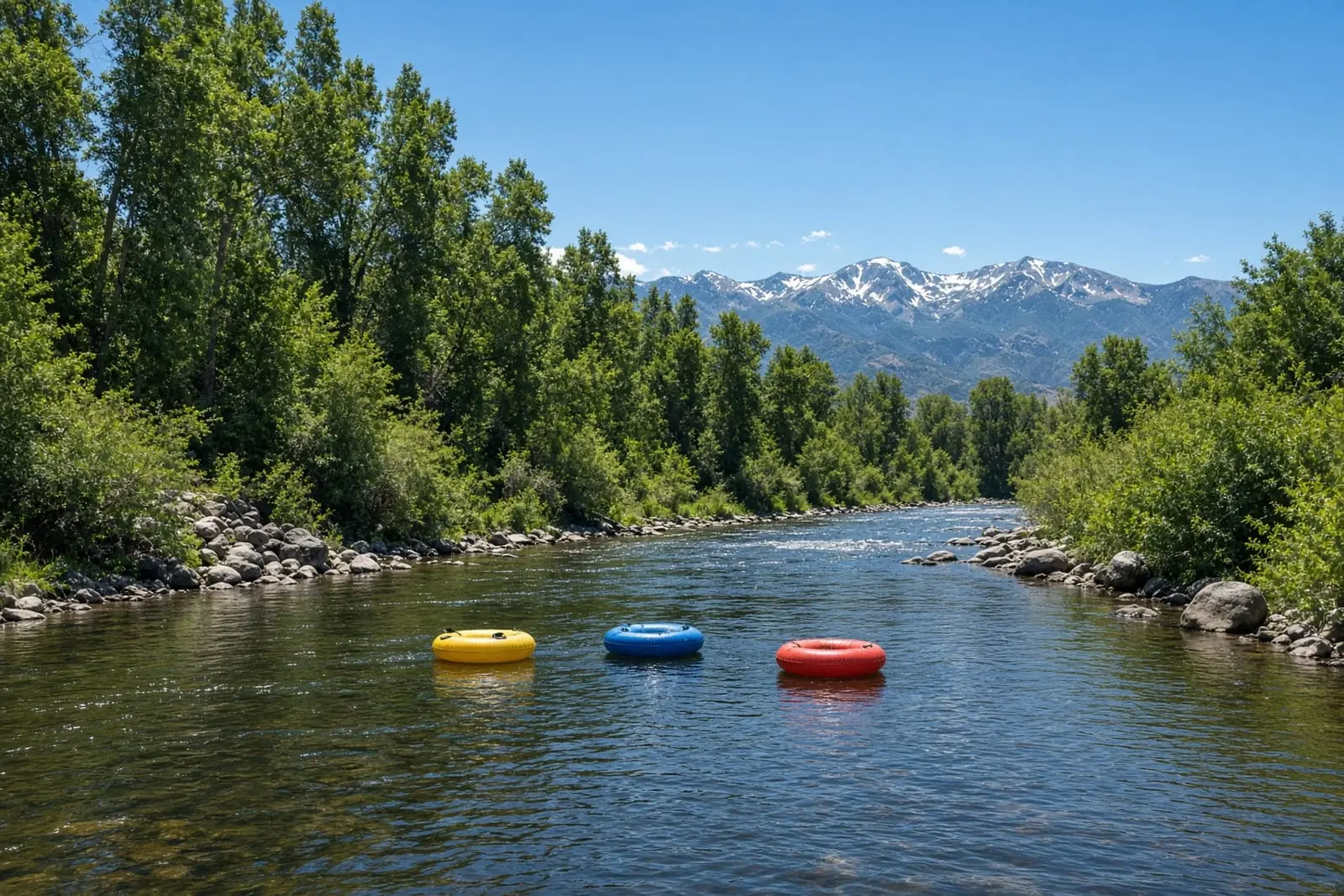 Inner tubes floating down a forested river below snowy mountains
