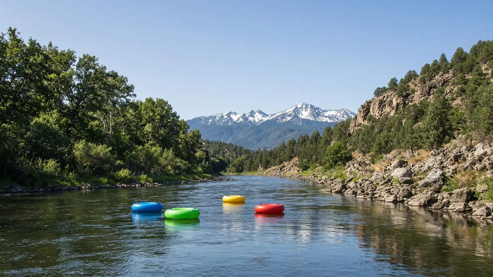 Four inner tubes floating on a calm river below snowy mountain peaks on a sunny summer day