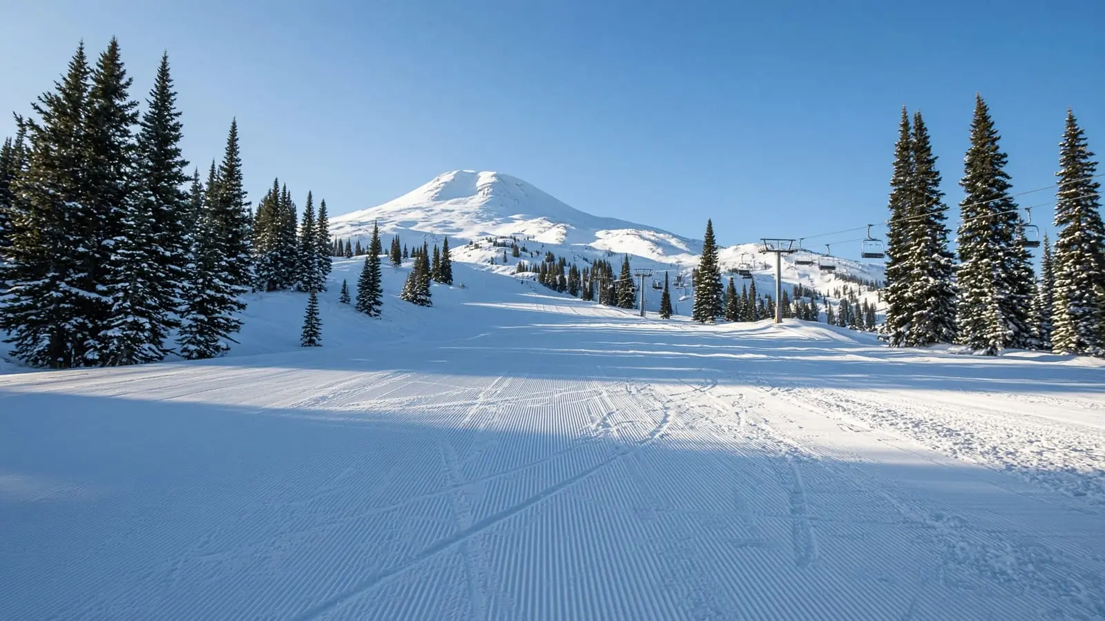A freshly groomed ski run and chairlift below a snow-covered Cascade peak on a clear winter day