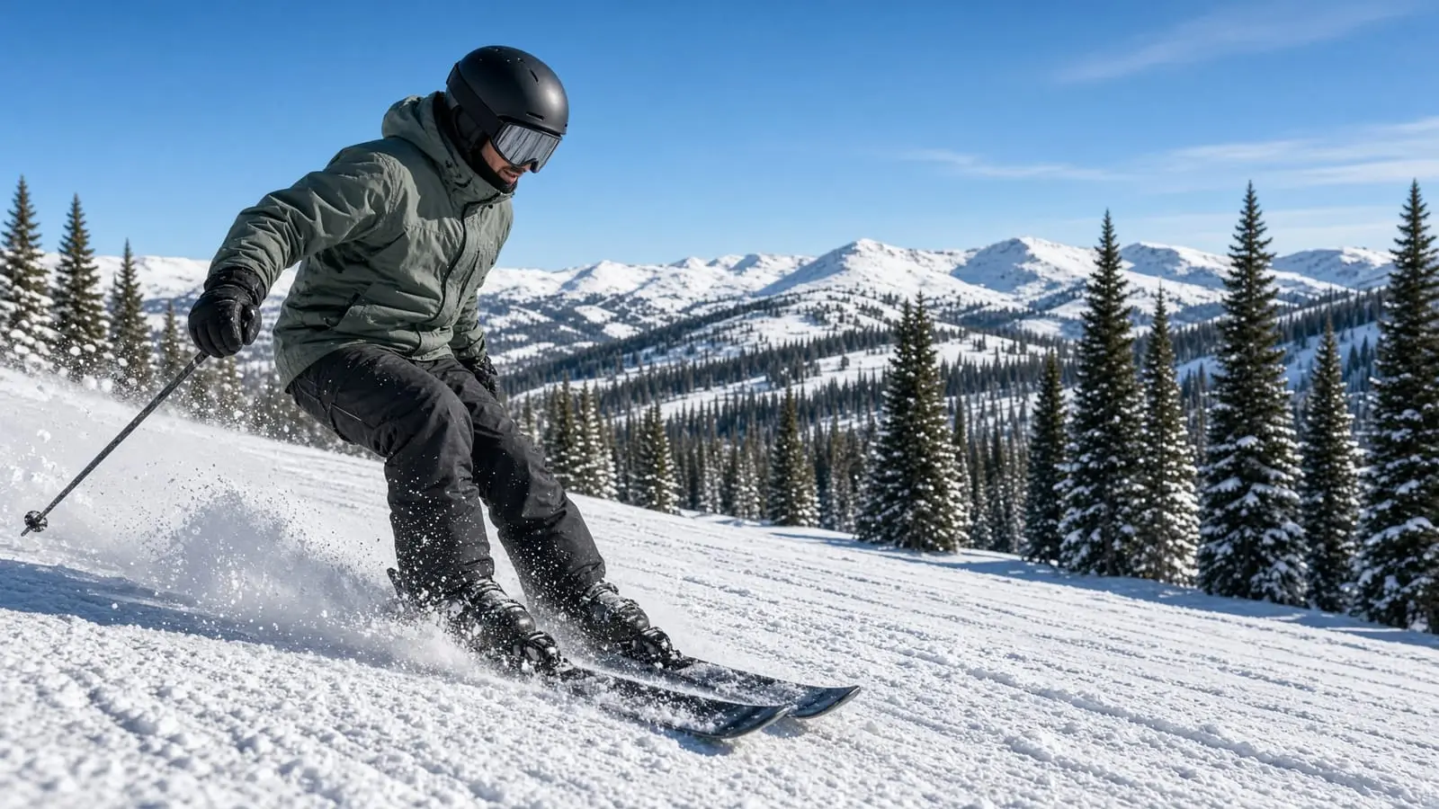 A skier carving down a slope with the Cascades behind