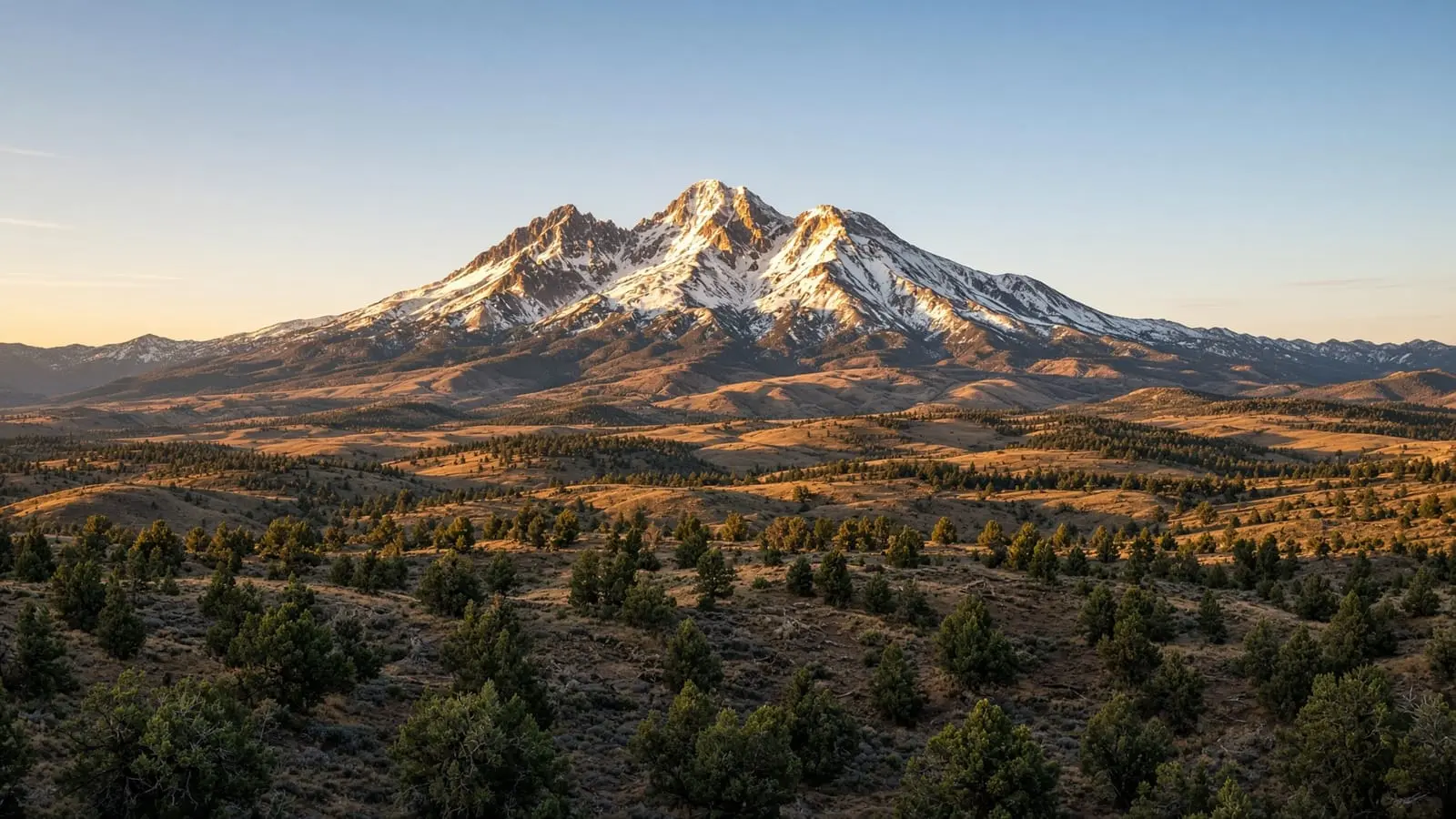 A snowy peak above the high desert at golden hour