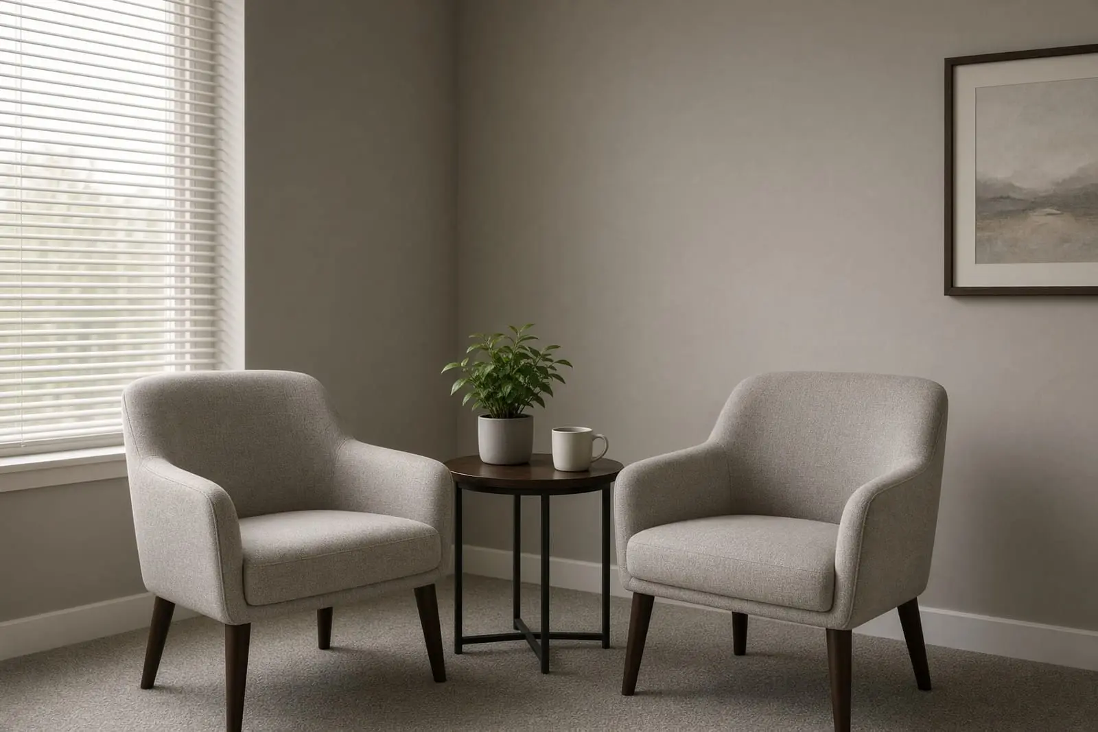 Two armchairs and a side table in a calm counseling room