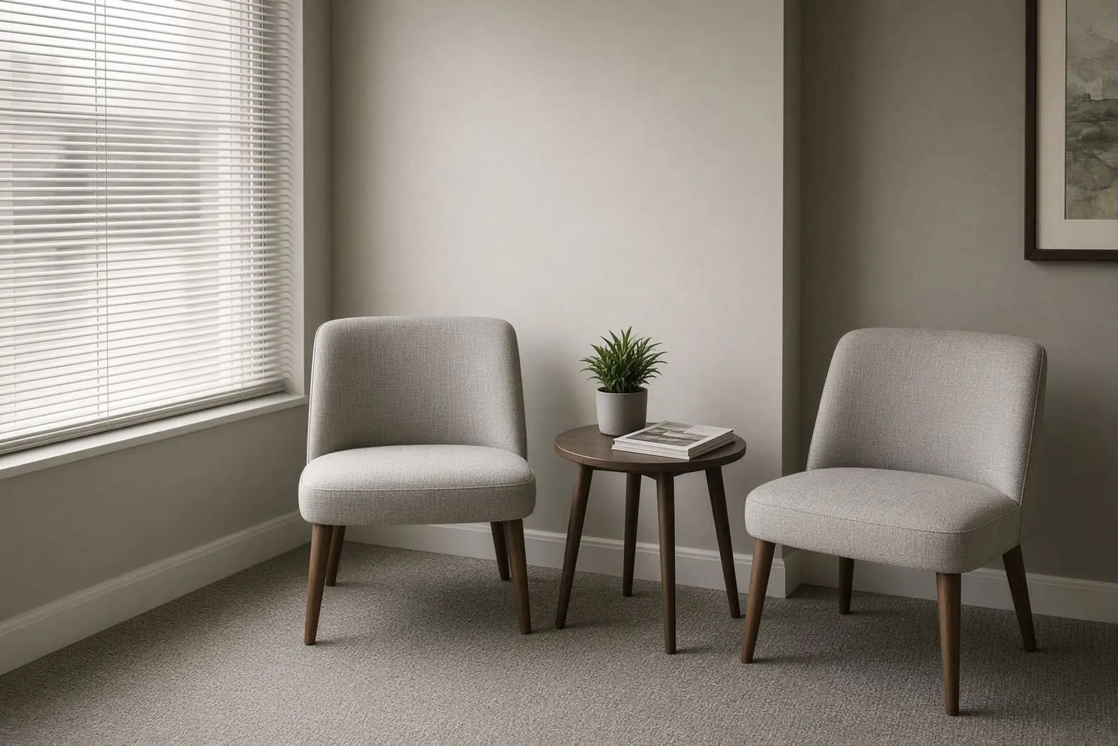 Two chairs by a window in a quiet counseling room