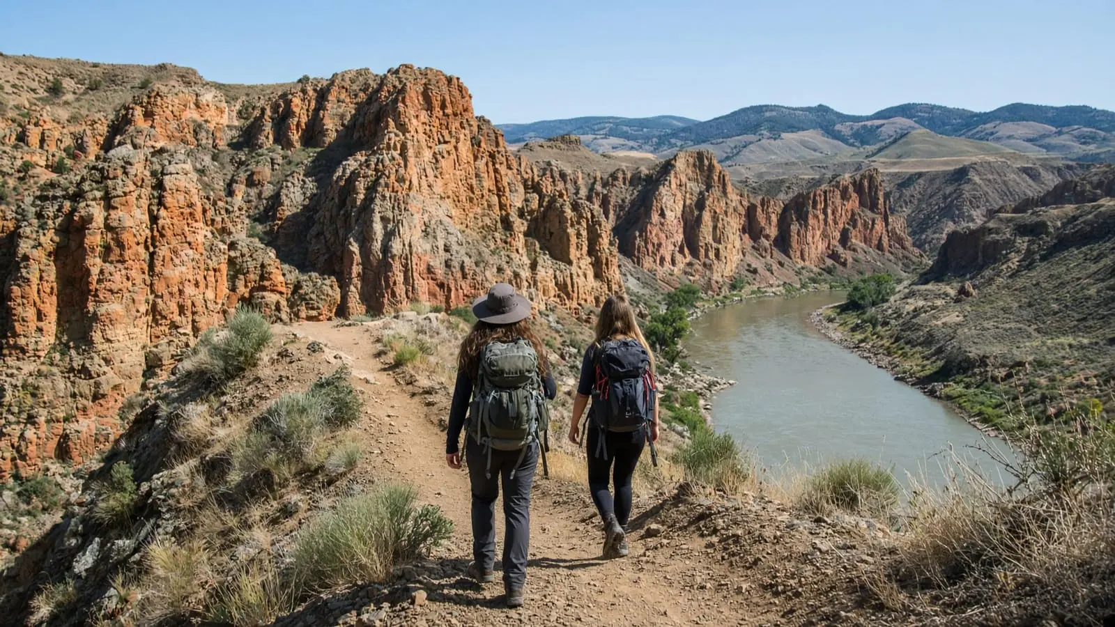 Two hikers on a canyon trail above a river