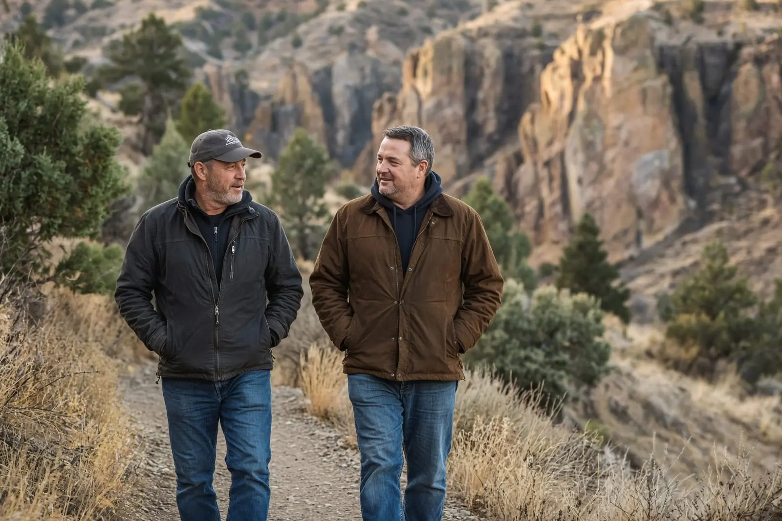 Two men talking as they walk a canyon trail
