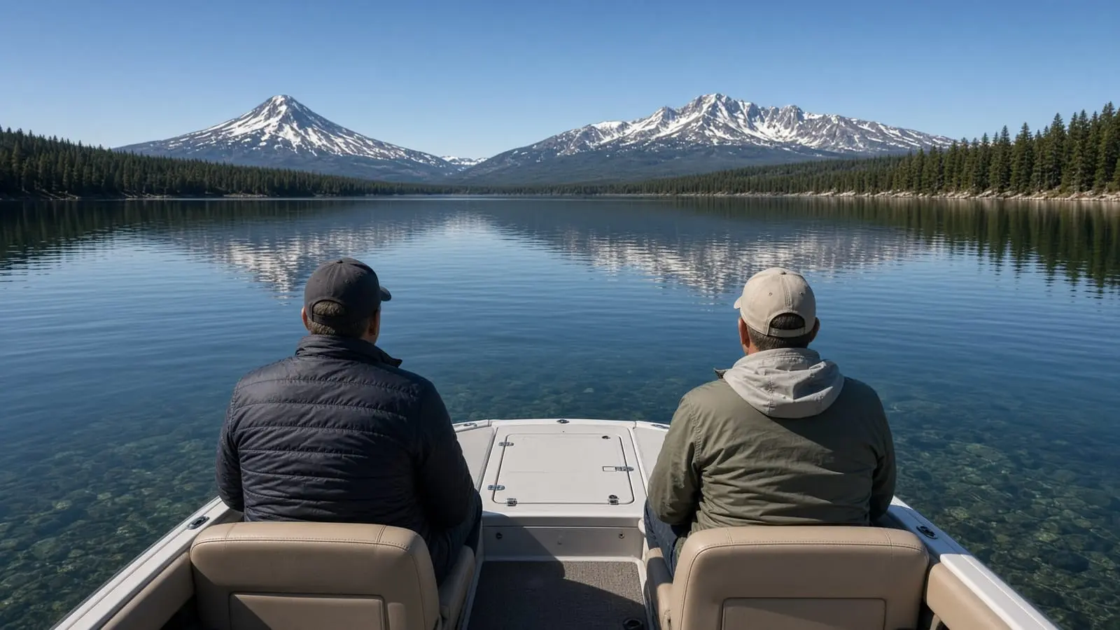 Two people in a boat looking out at snowy peaks across a lake