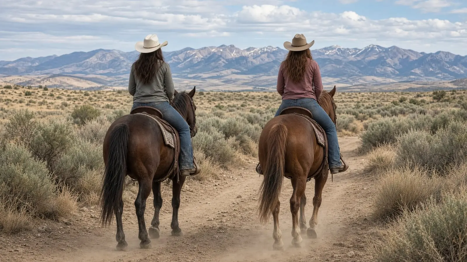Two riders on horseback heading toward the mountains