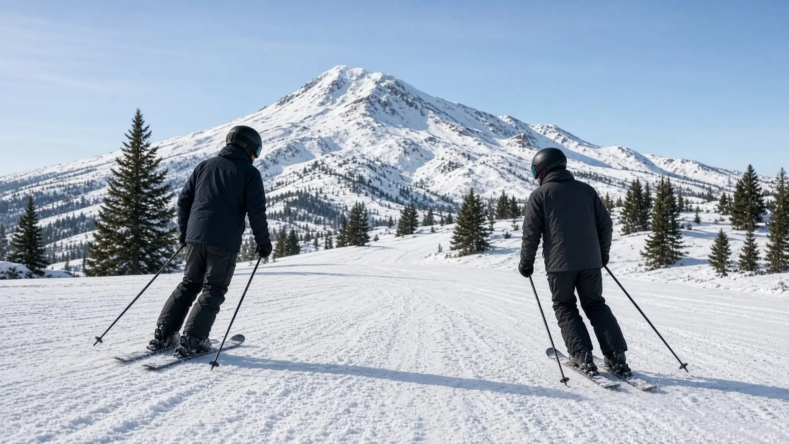 Two skiers looking out toward a snowy Cascade peak