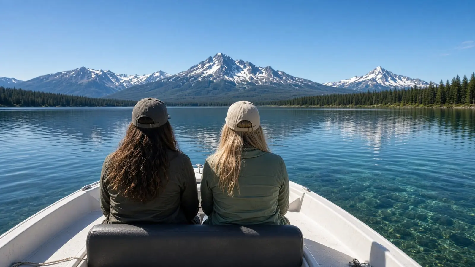 Two women sitting in a boat looking out over a mountain lake