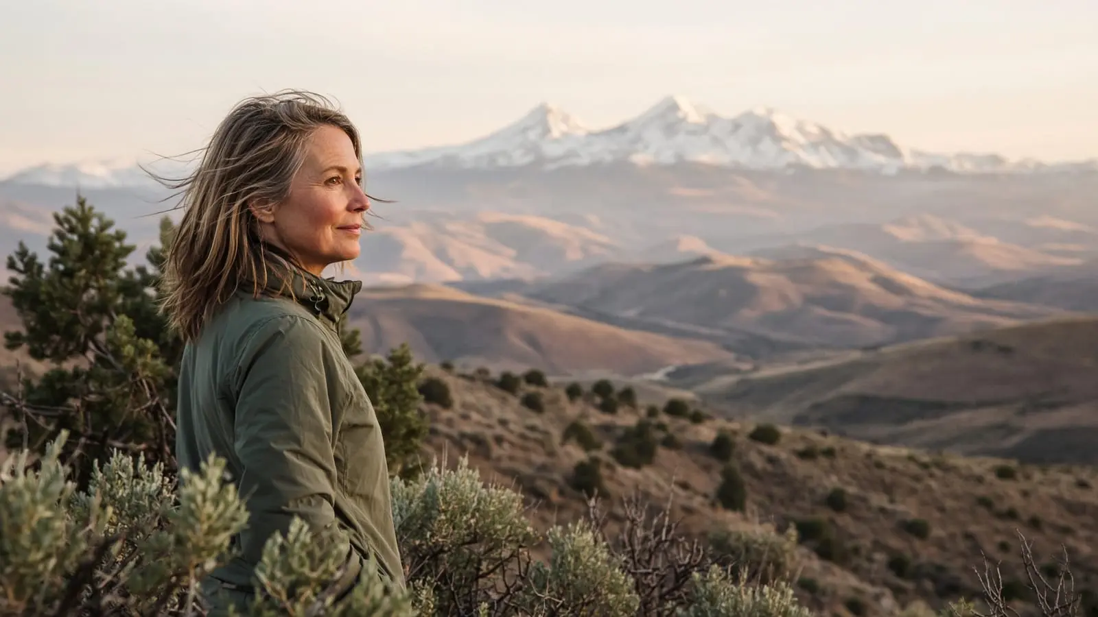 A woman looking out over the high desert toward snowy mountains